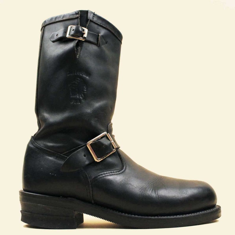 Men's 70s Vtg Black Leather Chippewa USA Engineer 2 Buckle Boots