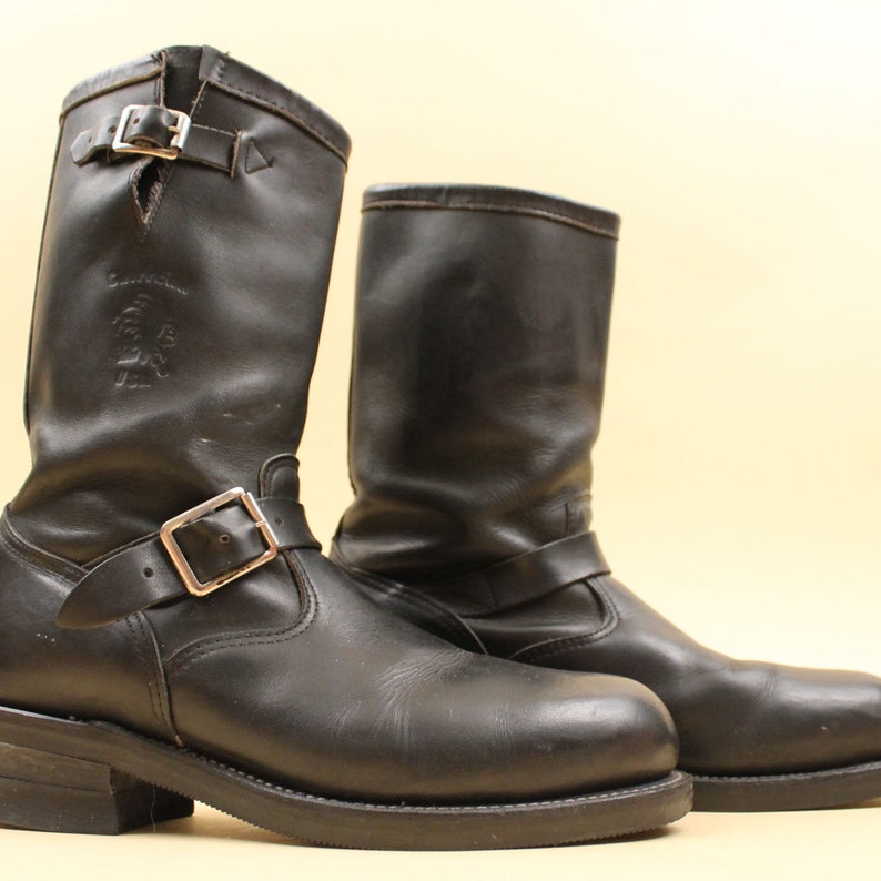 Men's 70s Vtg Black Leather Chippewa USA Engineer 2 Buckle Boots