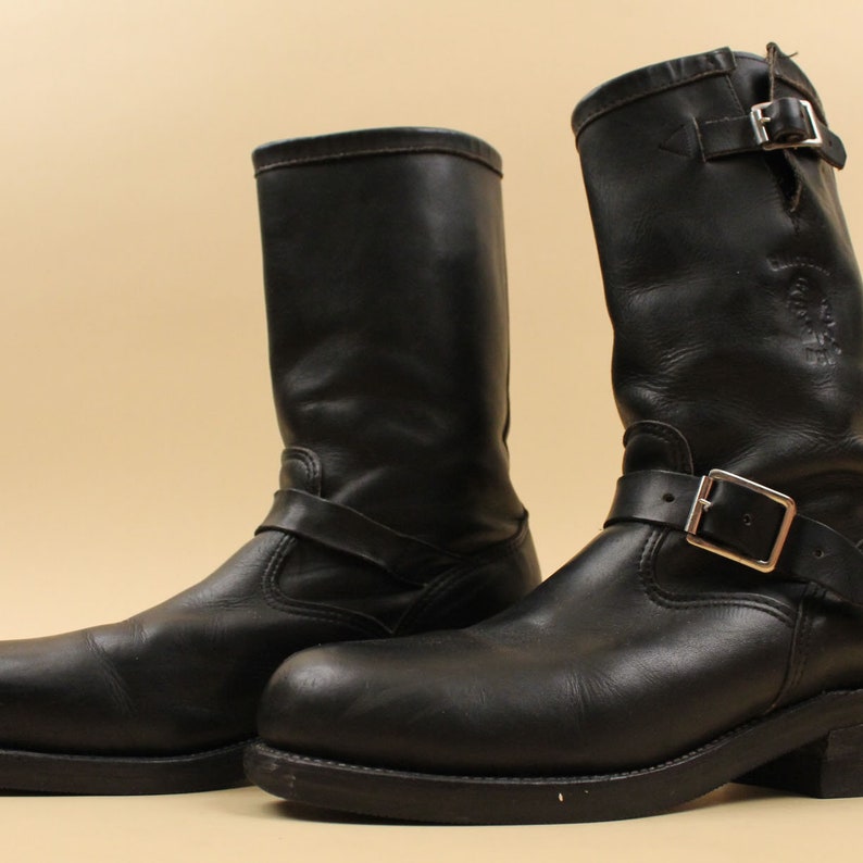 Men's 70s Vtg Black Leather Chippewa USA Engineer 2 Buckle Boots