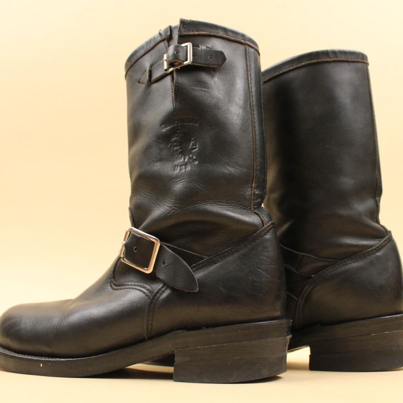 Men's 70s Vtg Black Leather Chippewa USA Engineer 2 Buckle Boots