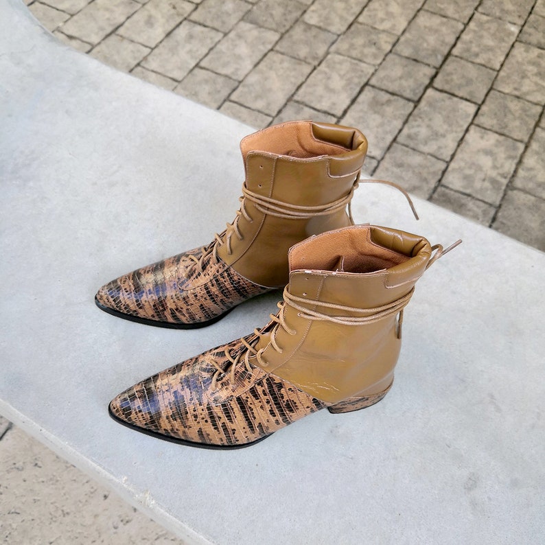 Women's Brown Snake Leather Lace up Ankle Boots Comfortable