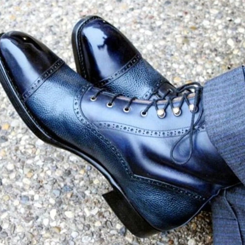 Men's Handmade Blue Leather Ankle High Boot Dress Formal