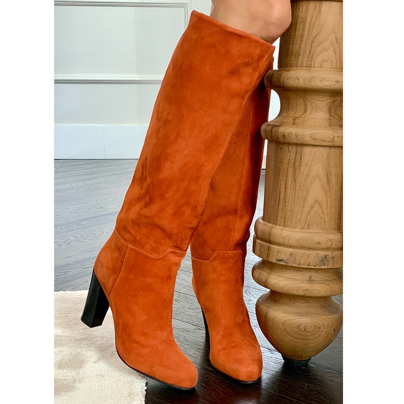 Women's Orange Suede Knee High Boots Orange High Boots Beige Leather