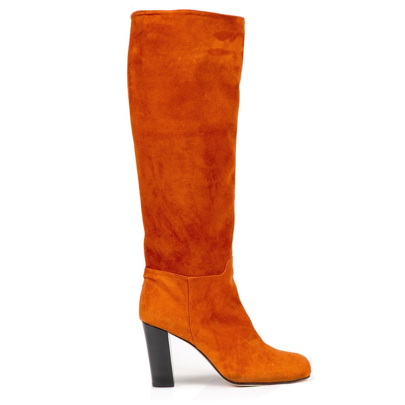 Women's Orange Suede Knee High Boots Orange High Boots Beige Leather