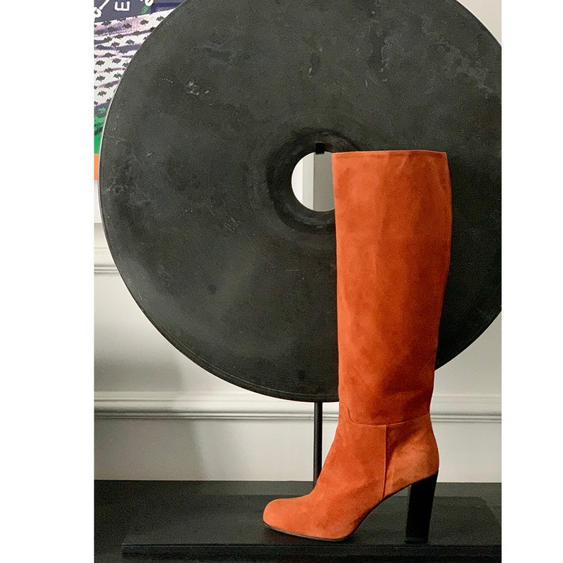 Women's Orange Suede Knee High Boots Orange High Boots Beige Leather