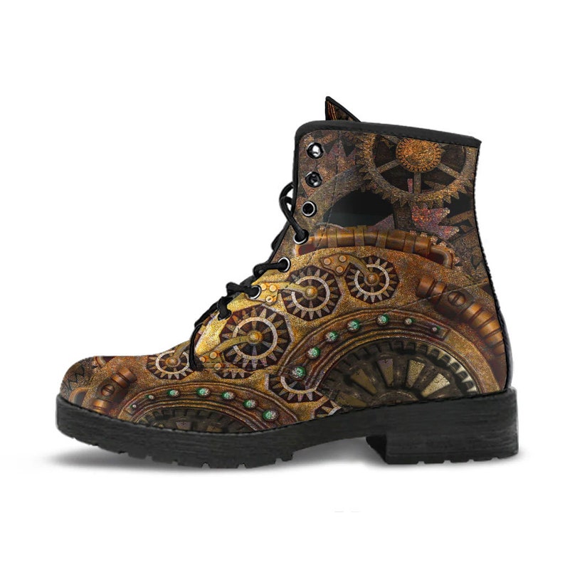 Men's Steampunk Clockwork Gears Bronze Vegan Leather Combat Boots