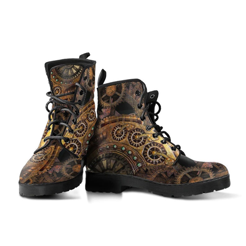 Men's Steampunk Clockwork Gears Bronze Vegan Leather Combat Boots