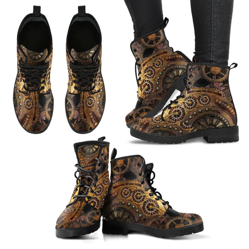 Men's Steampunk Clockwork Gears Bronze Vegan Leather Combat Boots