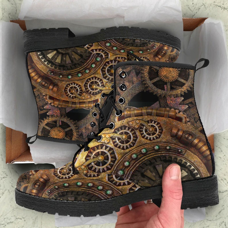 Men's Steampunk Clockwork Gears Bronze Vegan Leather Combat Boots