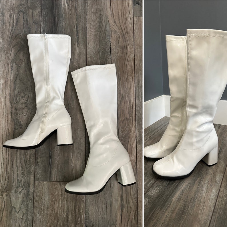 Women's Vintage Go Go Boots 70s Style Square Toe Square Heal White