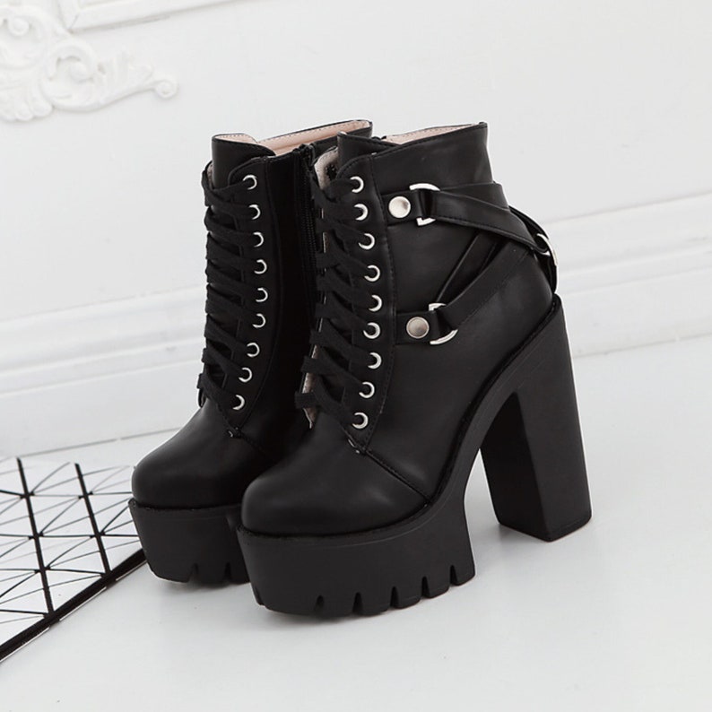 Women's Platform Boots Black Gothic Boots Lace up Goth Shoes Women