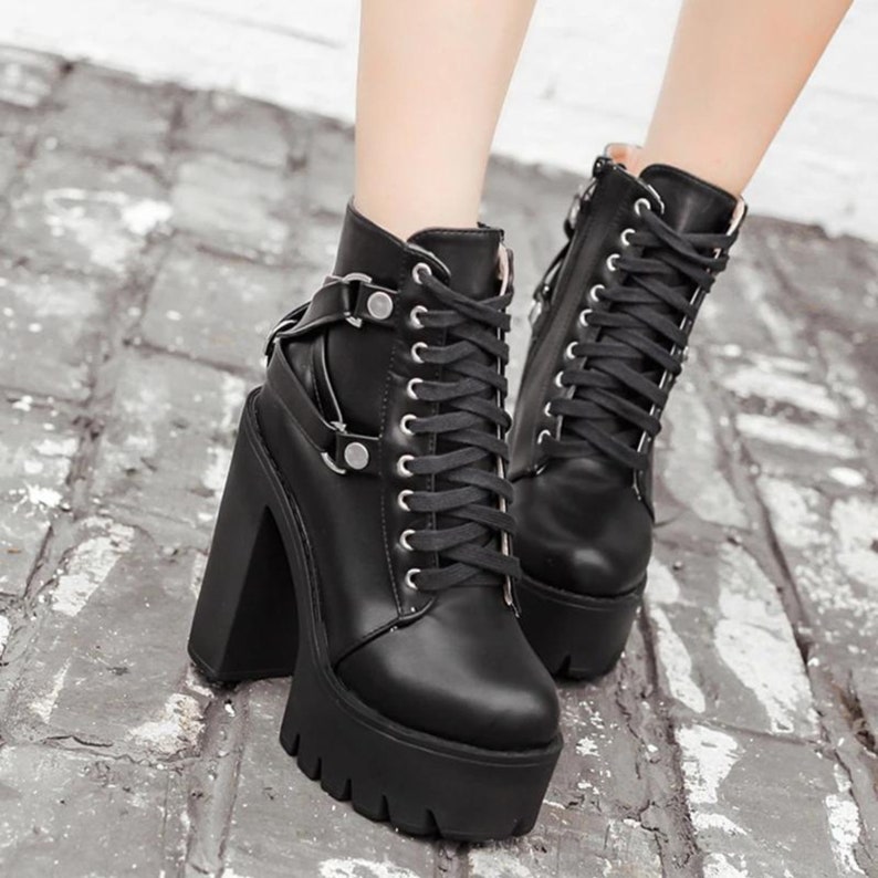 Women's Platform Boots Black Gothic Boots Lace up Goth Shoes Women