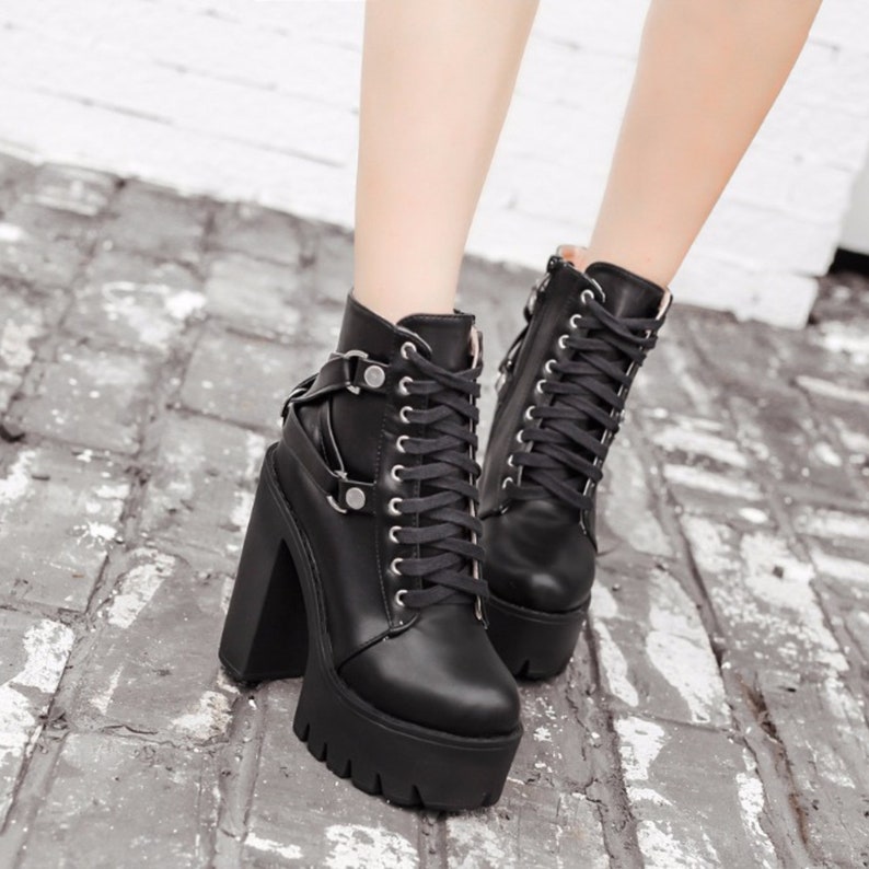 Women's Platform Boots Black Gothic Boots Lace up Goth Shoes Women