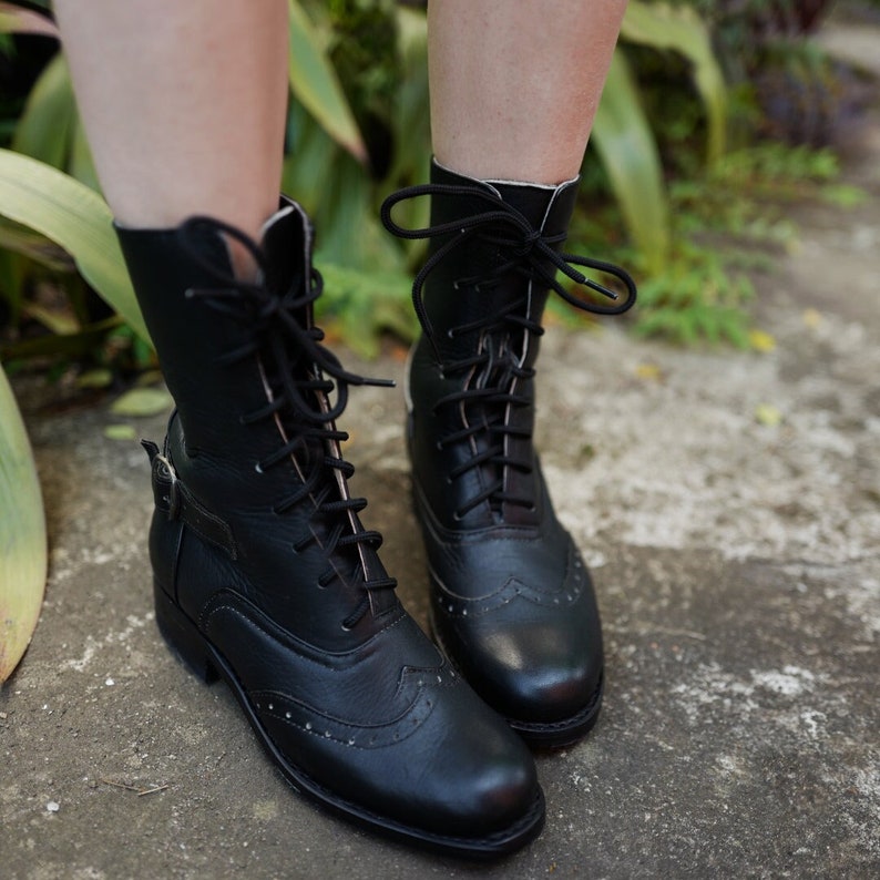 Women's Black Victorian Lace up Boots With Brogue Pattern