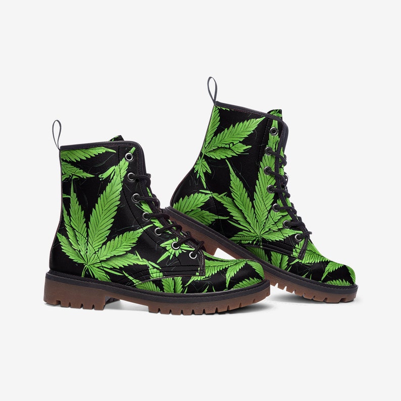 Men's Unisex Fit Marijuana Green Leaf Black Casual Leather