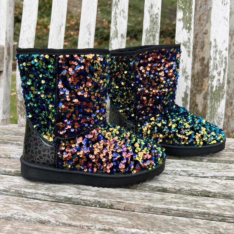 Women's Iridescent Sequin Glitter Mid Calf Boots Sparkly Bling