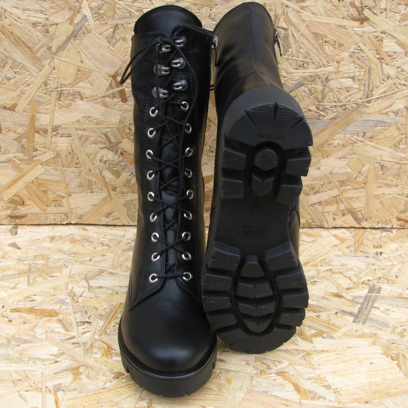 Women's Lace up Black Leather Combat Boots With Fur