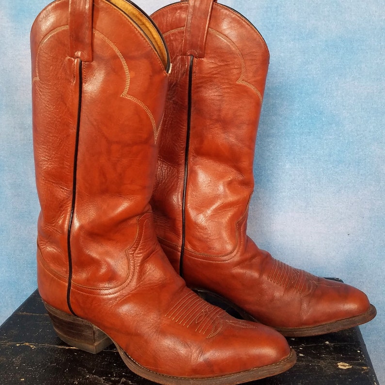 Men's Vintage 90s Cognac Marbled Leather Cowboy Boots With White