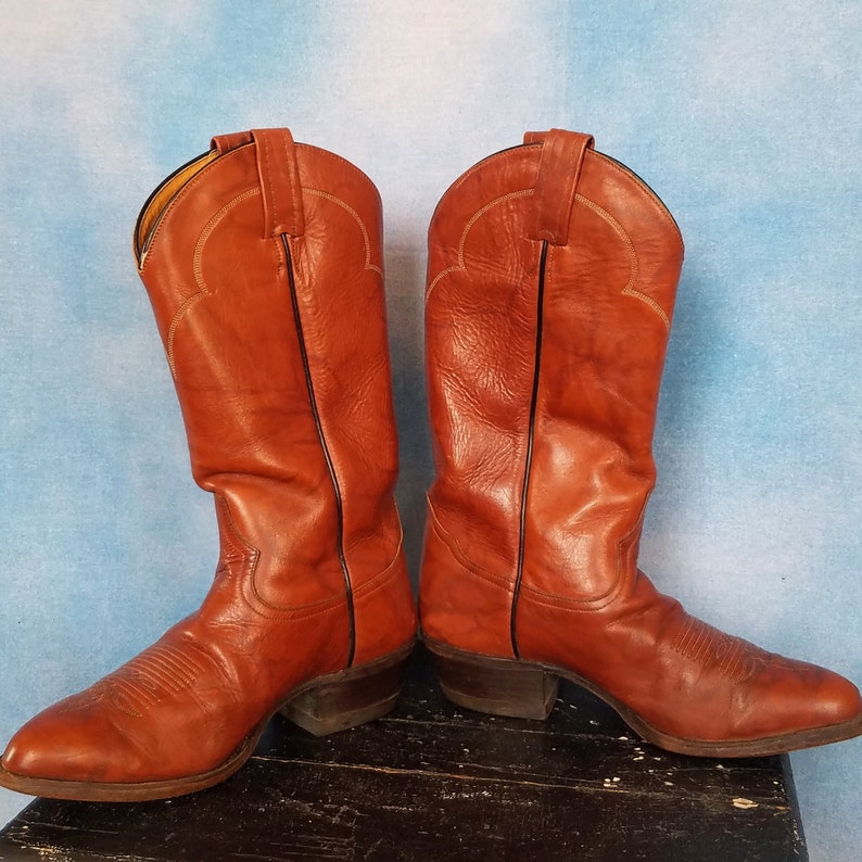 Men's Vintage 90s Cognac Marbled Leather Cowboy Boots With White