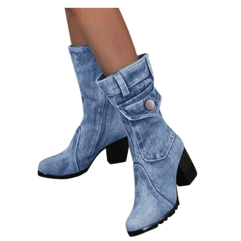 Women's Blue Jeans Boots Mid-rise Boots Rome Slip-on