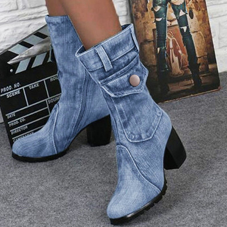 Women's Blue Jeans Boots Mid-rise Boots Rome Slip-on