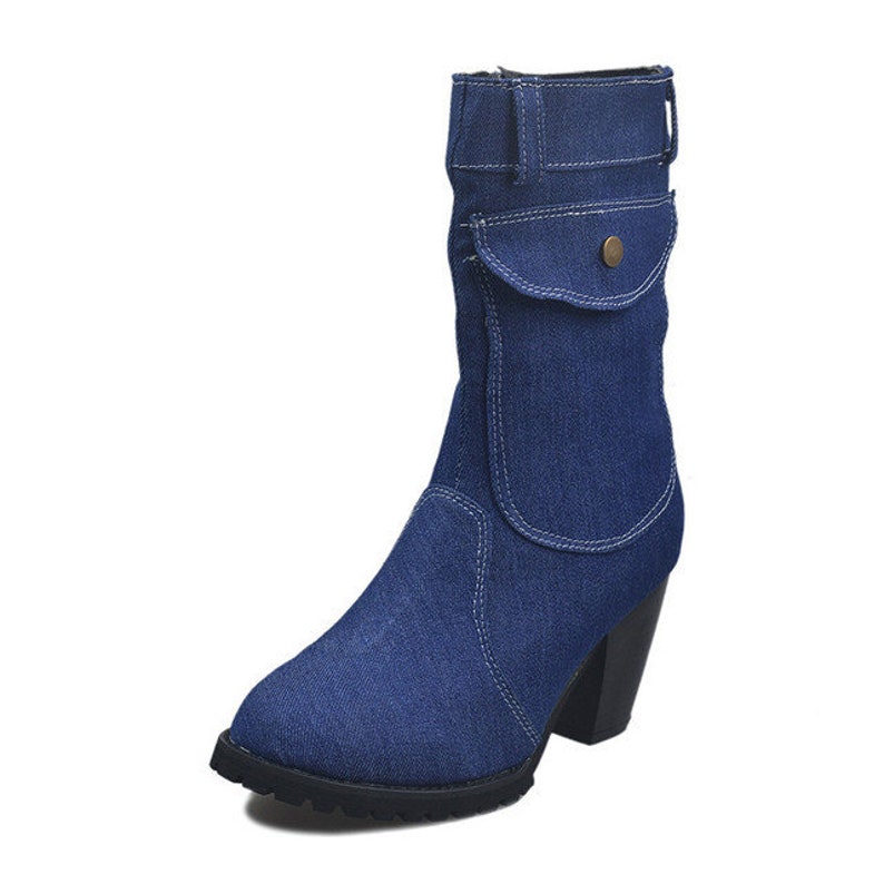 Women's Blue Jeans Boots Mid-rise Boots Rome Slip-on