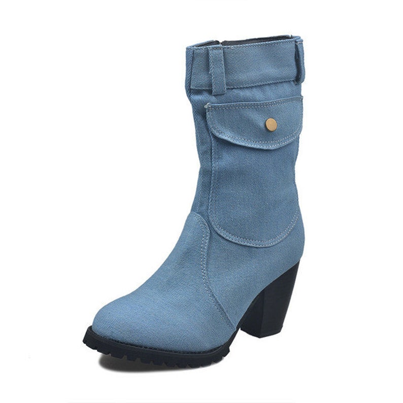 Women's Blue Jeans Boots Mid-rise Boots Rome Slip-on