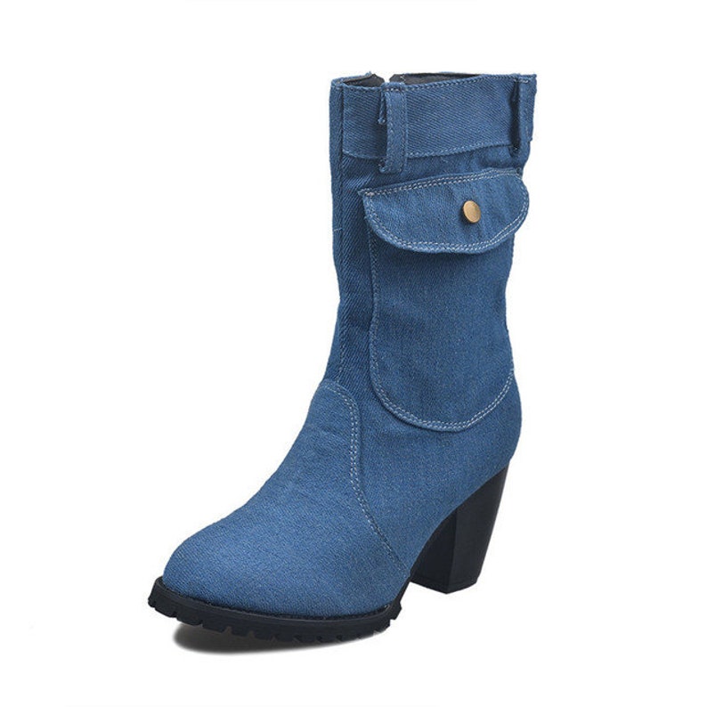 Women's Blue Jeans Boots Mid-rise Boots Rome Slip-on