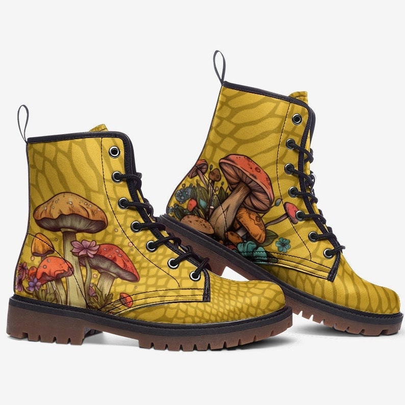 Women's Mushroom Boots Yellow Boots Vegan Leather Lace up Combat Boots