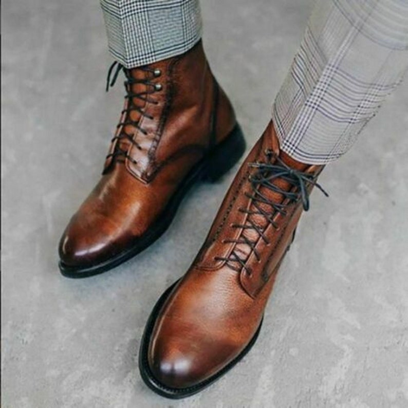 Men's Handmade Brown Lace up Ankle Boots for Brown