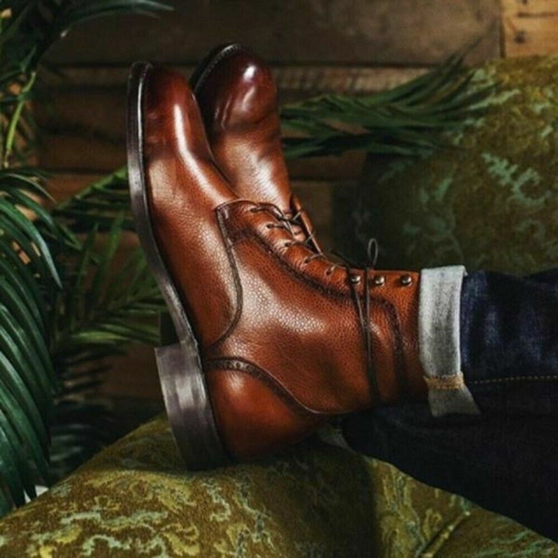 Men's Handmade Brown Lace up Ankle Boots for Brown