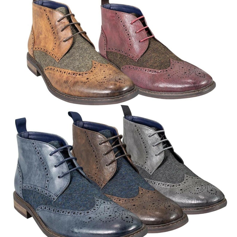 Men's Tweed Leather Mix Shoes Chelsea Lace up Boots