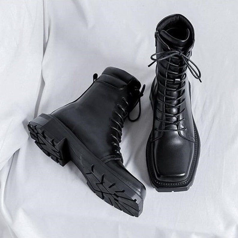 Men's Fashion Square Toe Ankle Boots Lace up Motorcycle Style