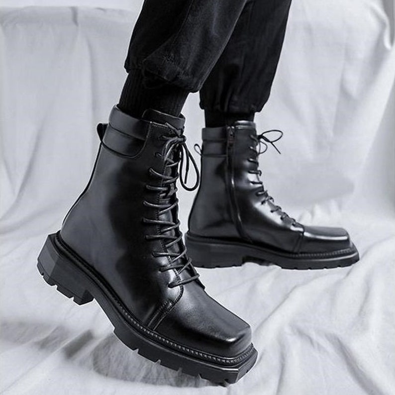 Men's Fashion Square Toe Ankle Boots Lace up Motorcycle Style