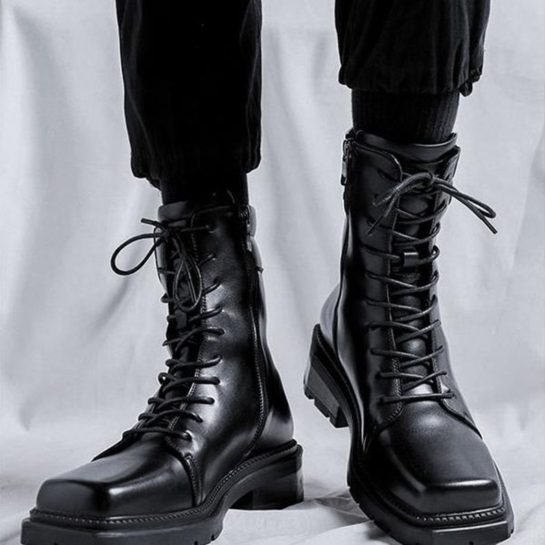 Men's Fashion Square Toe Ankle Boots Lace up Motorcycle Style