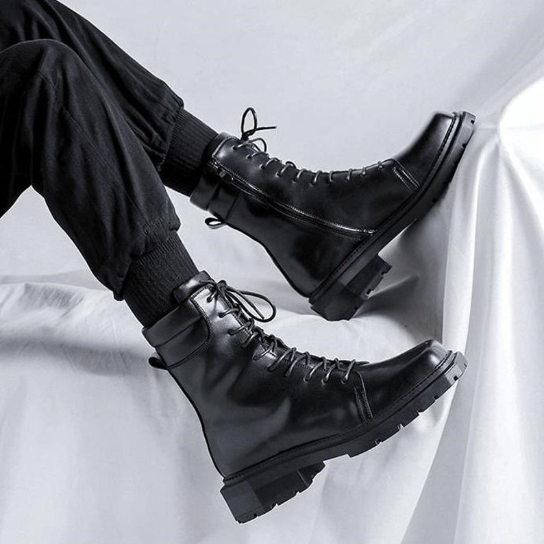 Men's Fashion Square Toe Ankle Boots Lace up Motorcycle Style