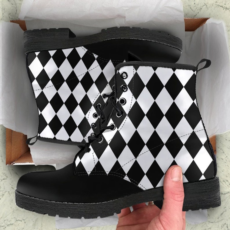 Women's Black White Diamonds Boots Combat Style's