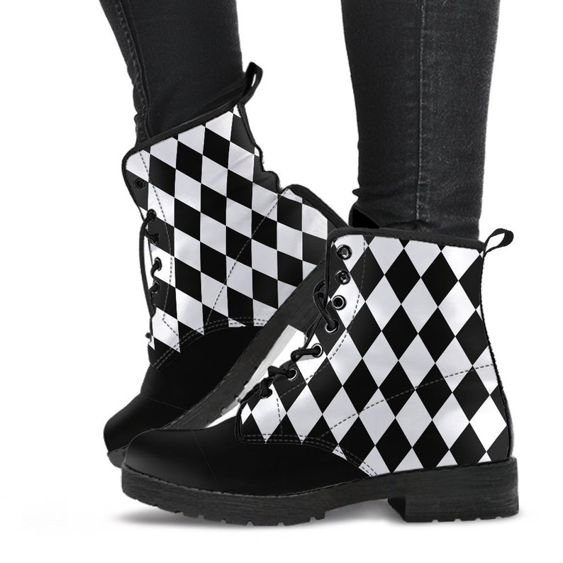 Women's Black White Diamonds Boots Combat Style's