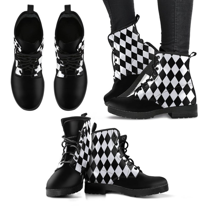 Women's Black White Diamonds Boots Combat Style's