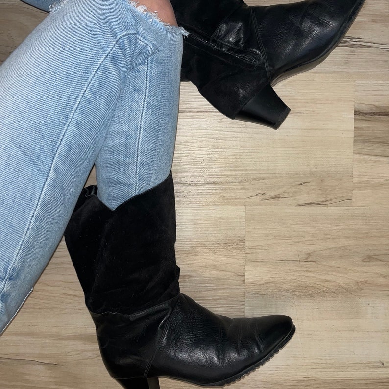 Women's Vintage Black Velvet and Leather Heeled Boots 9