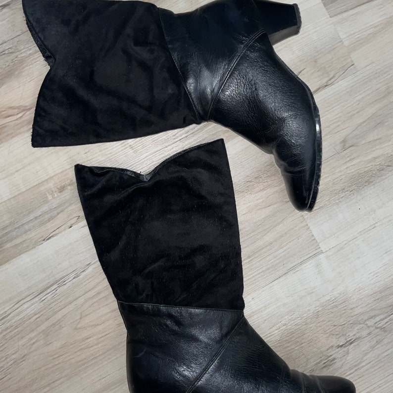 Women's Vintage Black Velvet and Leather Heeled Boots 9