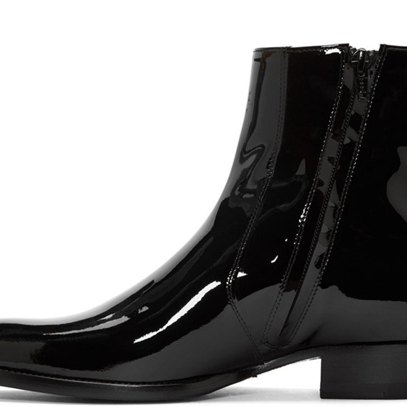 Men's Handmade Black Color Ankle High Genuine Patent Leather Stylish