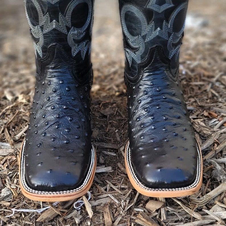 Men's Black Faux OSTRICH Print LEATHER Cowboy Wide Square Toe