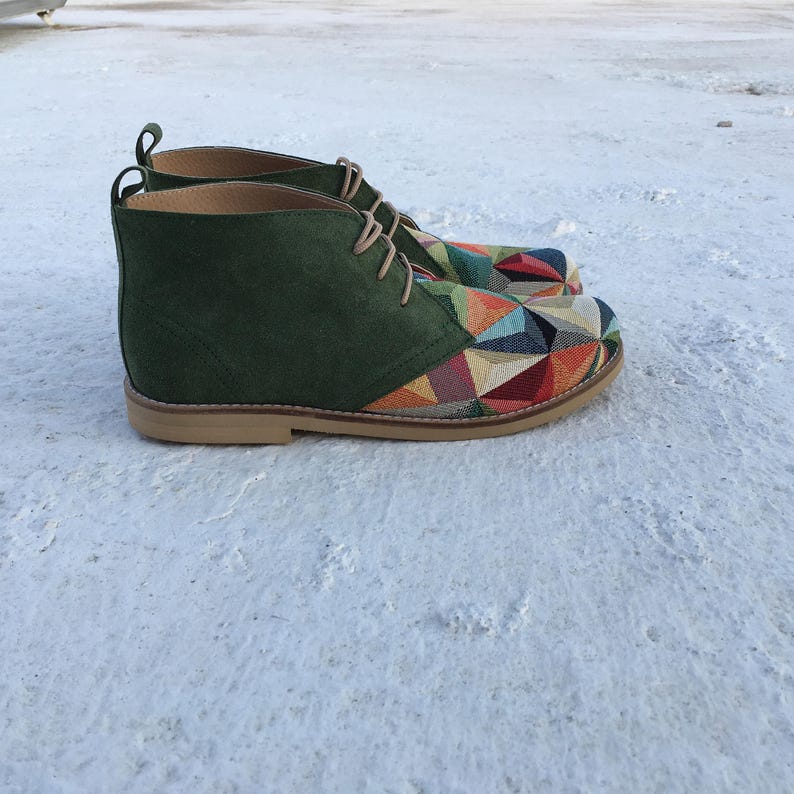 Women's Leather Ankle Boots With Fabric Booties green Boots Winter