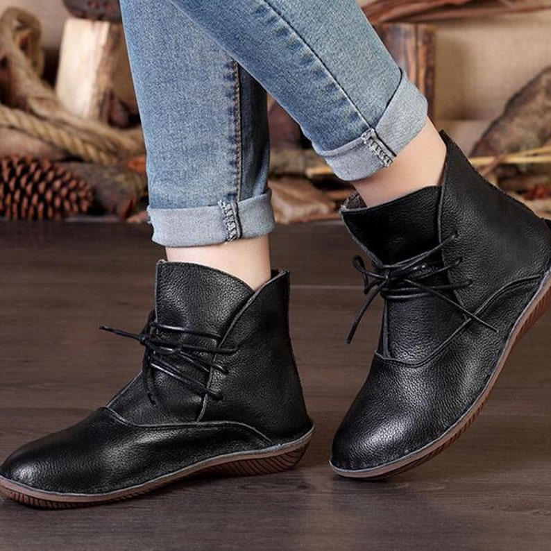 Women's Handmade Black Warm Leather Bootsankle Boots for