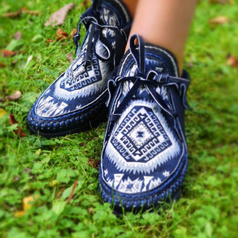 Women's Blue Leather Moccasins With Native American Tribal Fabric