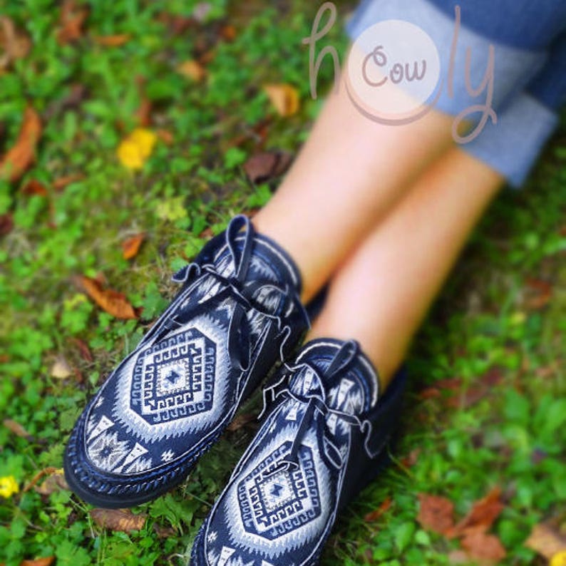 Women's Blue Leather Moccasins With Native American Tribal Fabric