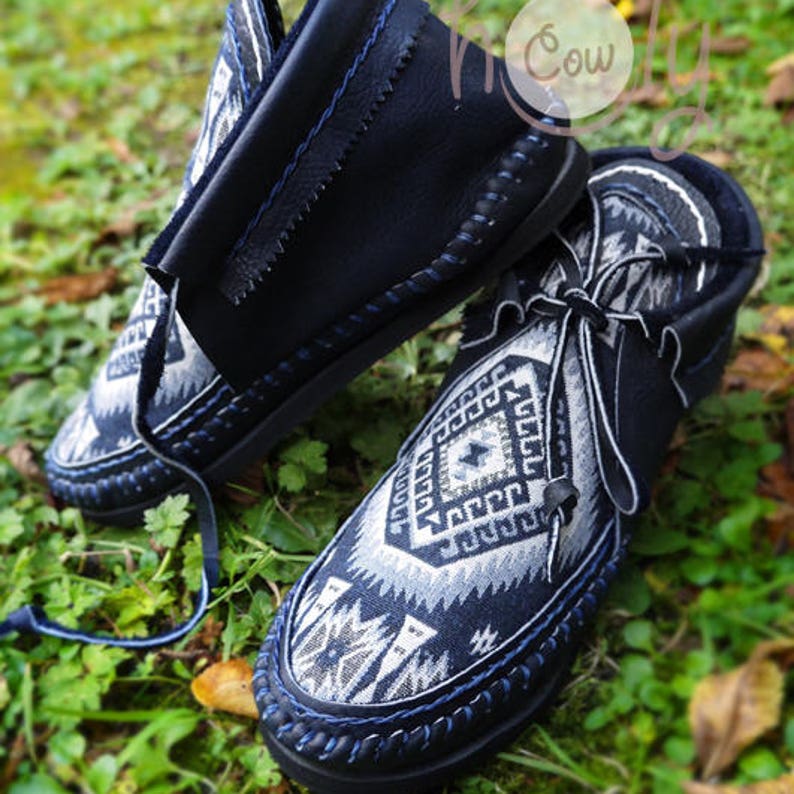 Women's Blue Leather Moccasins With Native American Tribal Fabric