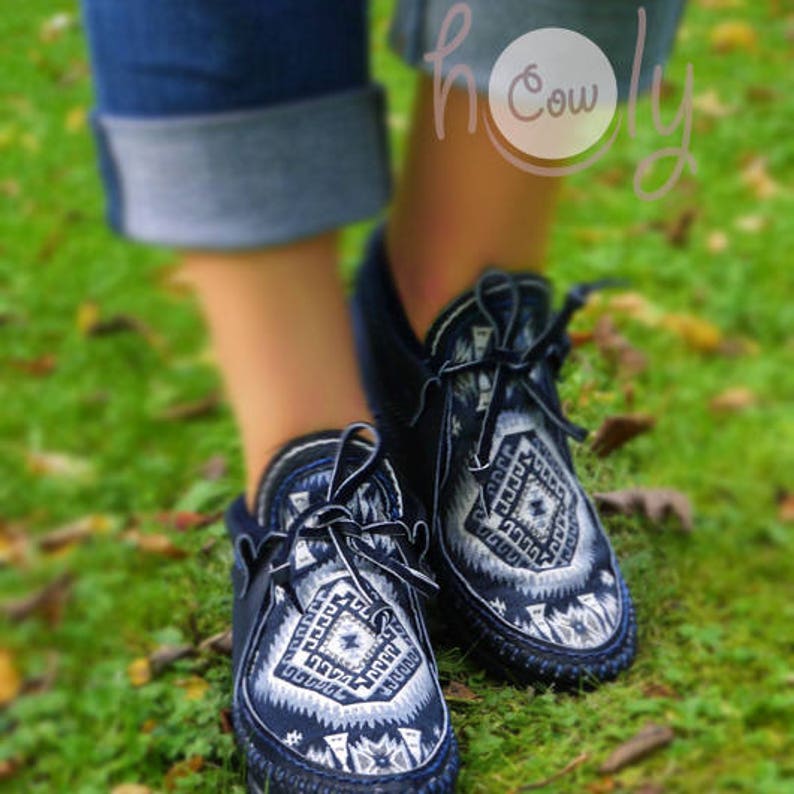 Women's Blue Leather Moccasins With Native American Tribal Fabric