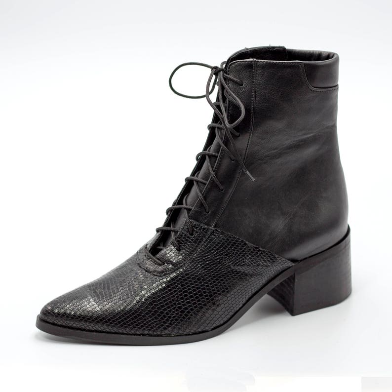 Women's Black Lace up Ankle Boots for Black Booties With Snake